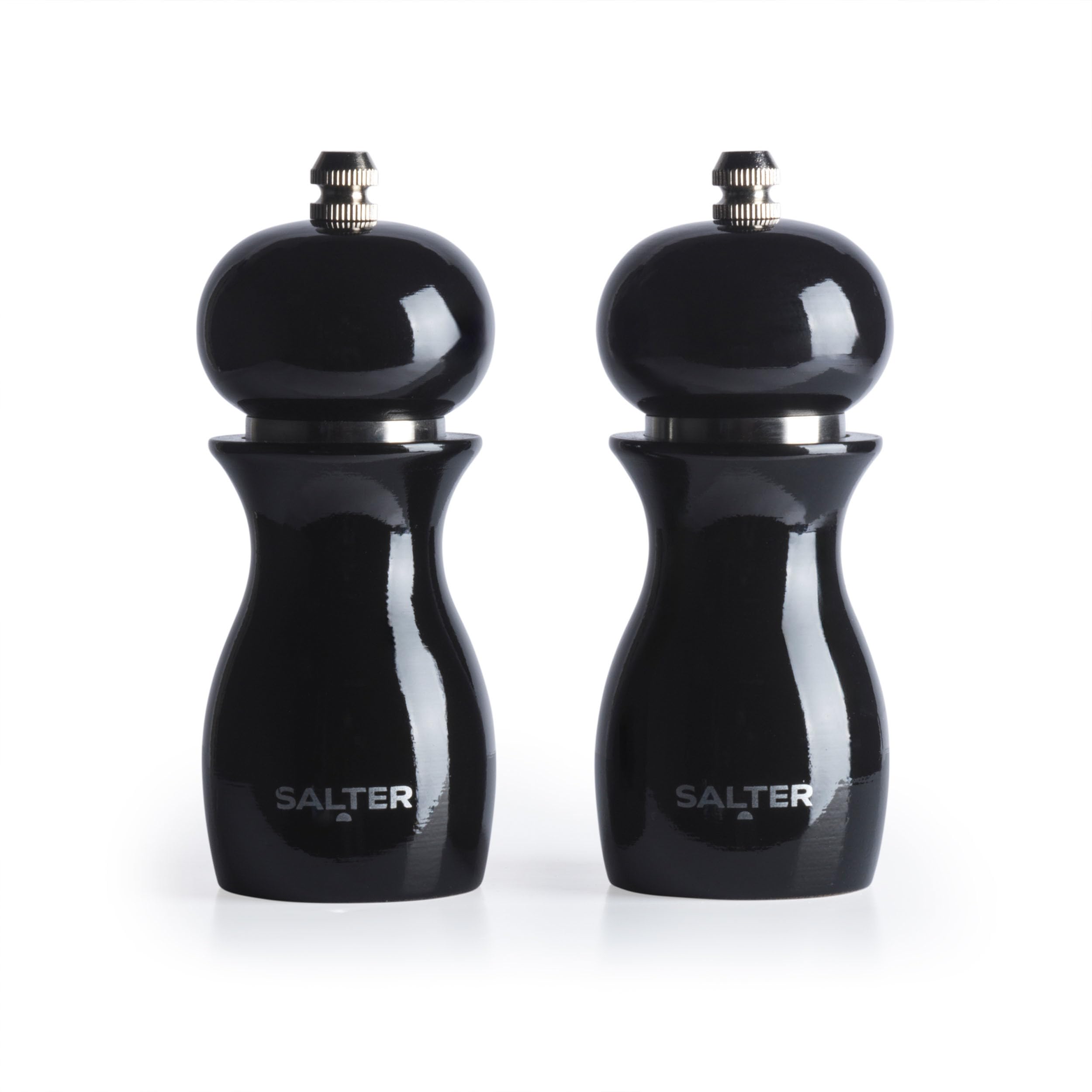 Salter 7613 BKXR Salt & Pepper Grinder Set - Spice Mills, High Gloss Mechanical Seasoning Pots, Twist to Grind, Adjustable Fine to Coarse, Retro, 26g Salt/13g Pepper, Black Condiment Set, 14cm