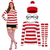 lorekit Red and White Striped Shirt Halloween Costume Set for Women | Includes Striped Shirt, Over-the-Knee Socks, Knit Beanie Hat and Black Frame Glasses for Adult Cosplay and Costume Parties