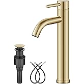 Aolemi Vessel Sink Faucet – SUS304 Stainless Steel Tall Bathroom Faucet,Single Lever Handle,1 Hole Bathroom Faucets with Supply Lines and Pop Up Drain,Brushed Gold