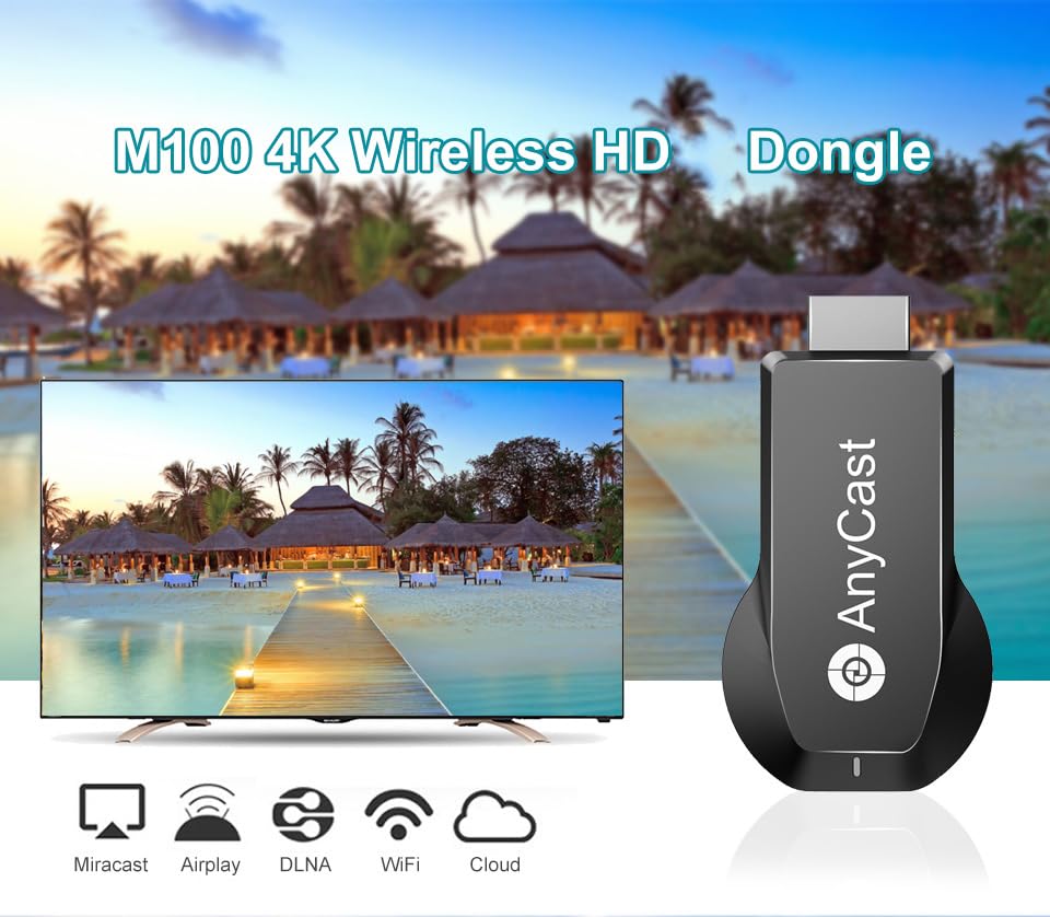 4K/1080P Anycast M100 Wireless Display Adapter, SmartSee WiFi Display Dongle HD Screen Mirroring Dual Core H.265/HEVC Decoder HD TV Stick Without Switching Miracast Airplay DLNA Support 4K 1080P
