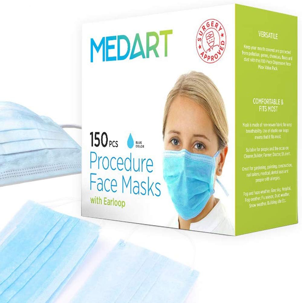150 Pcs 3-ply Blue Disposable Earloop Face Medical Mask - Used for Dental, Doctor, Surgical, Allergy, Dust, Nail, Germs, Virus, Flu, Air Pollution, Hypoallergenic, Hospital, Smoke - Mouth Face Mask