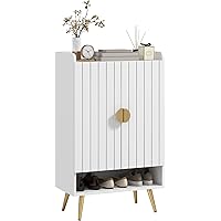 HOMCOM Narrow Shoe Cabinet for Entryway, Shoe Storage Cabinet with 2 Doors, Adjustable Shelves, Open Compartment and Steel Le