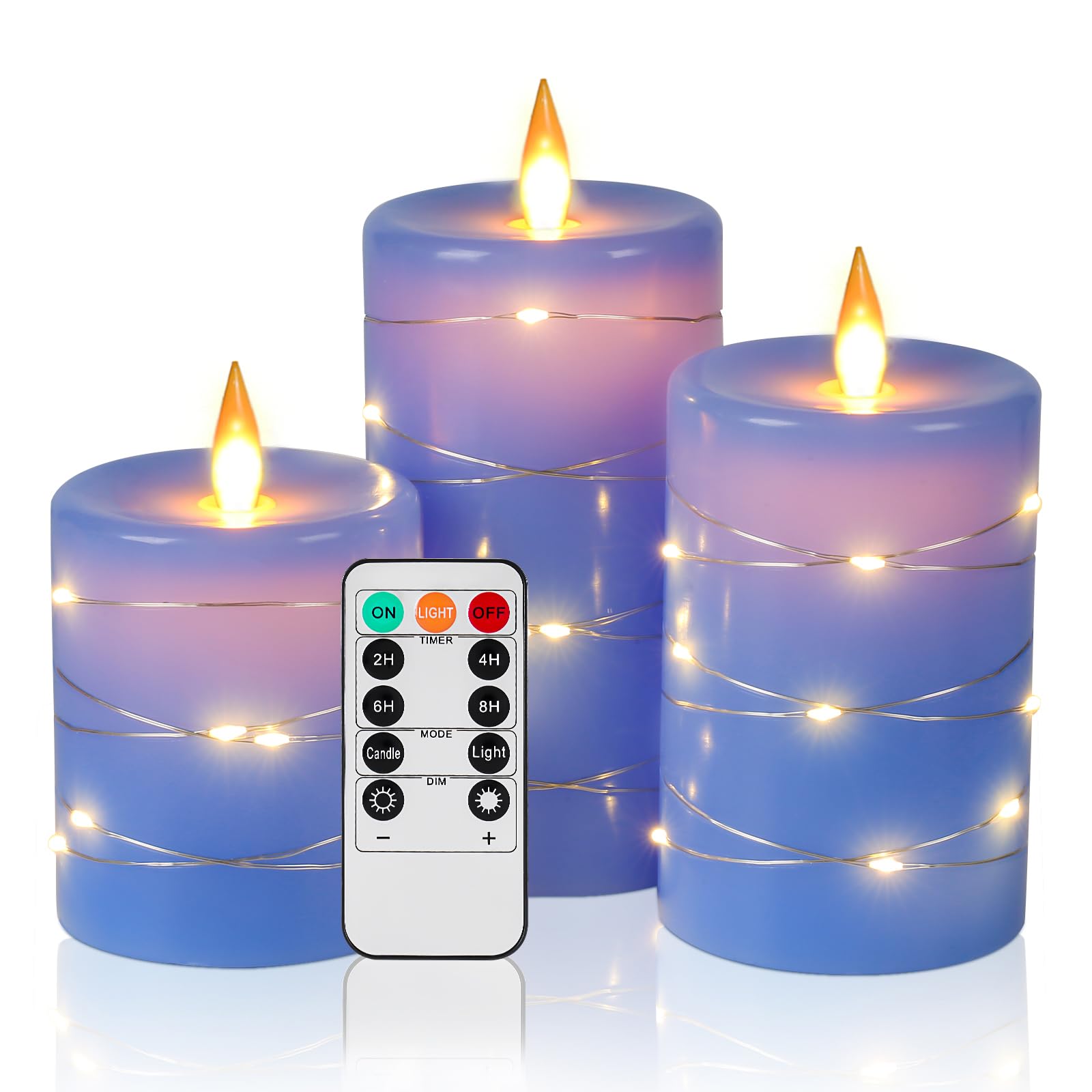Flameless Candles 360 Degree Viewing Angle, with Starry String Lights, 3-Pack Fairy String Lights LED Candles, with 10-Key Remote Control, 24-Hour Timer Function, Dancing Flame, Real Wax(Blue).