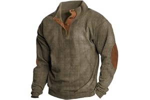 TIAFORD Men's Waffle Sweatshirt Patched Elbow Shoulder Long Sleeve Lapel Button Down Plaid Outdoor Casual Pullover Top