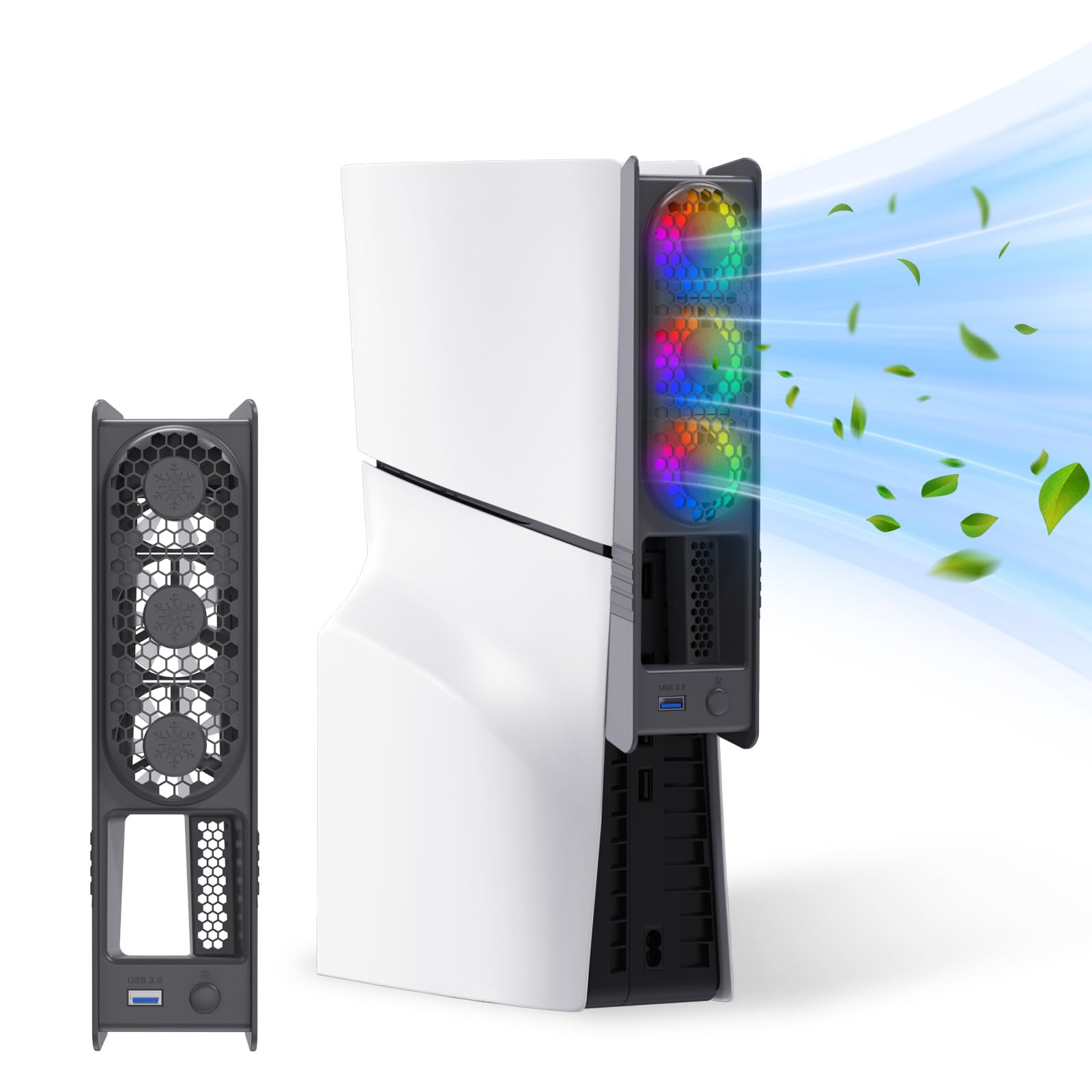 ELUTENG Kühlventilator für PS5 Slim / PS5 Pro, Leises Lüfter mit RGB-Licht & Automatischer Temperaturgesteuerte Geschwindigkeit, Lüfter Kühler mit USB 3.0 Port für Playstation 5 Pro / Slim Disc & Dig