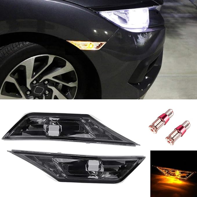 1 Pair Front Side Marker Signal Light Smoke Lens with T10 LED Bulbs for