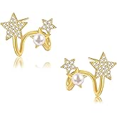 STAYLOVE Mini Pearl Star Stud Earrings for Women 925 Sterling Silver Post 14K Gold Plated Small Cubic Zirconia Double Star Hoop Earrings
