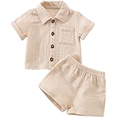 Baby Boys Clothes Set Toddler Infant Boys Button-down Shirt Tops + Cotton Gauze Shorts Summer Outfit 2PCS with Pockets