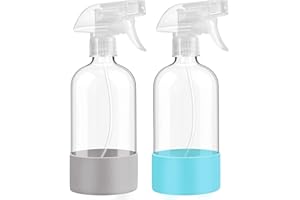 FANSTINOW Glass Spray Bottles with Silicone Sleeve Protection, 16 oz 2 Pack, Empty Refillable Containers, Reusable Spray Bottles with Adjustable Nozzle for Hair, Cleaning Solutions and Plants , Blue&Grey