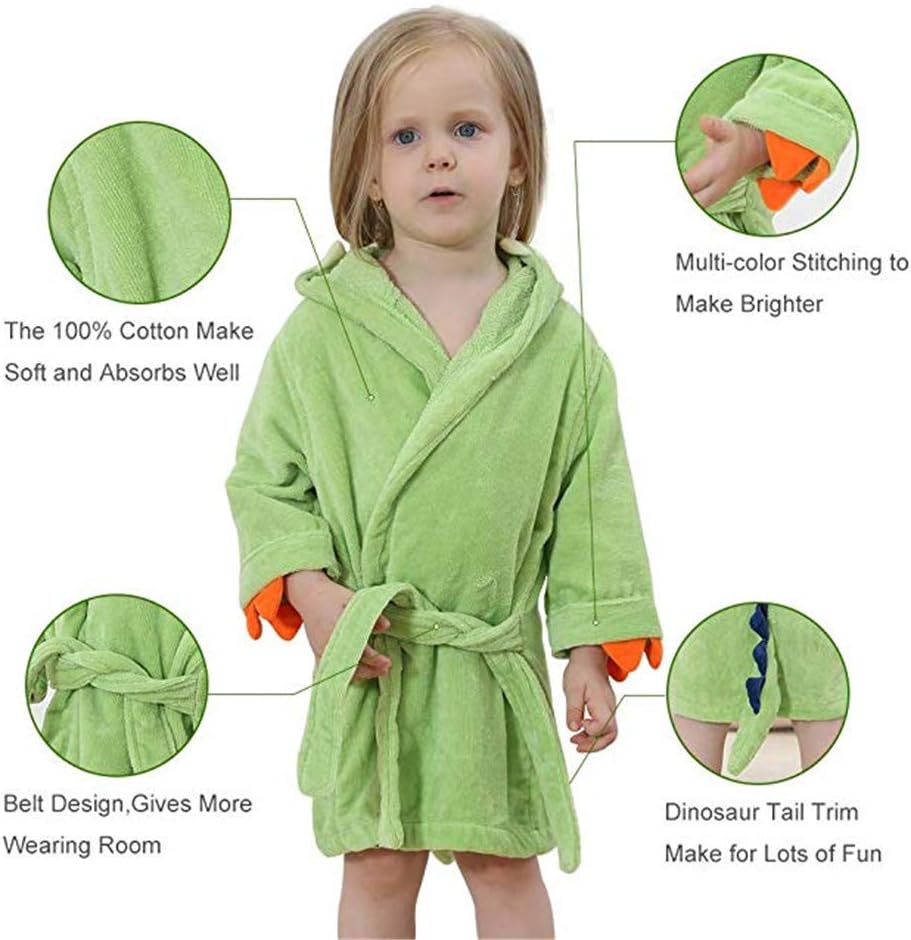 BAOPTEIL Toddler Cotton Bathrobe Baby Boy Girl Dinosaur Hooded Bath Towel Robe for Kids (Green, 1-3T/(Length-19.7")): Home & Kitchen