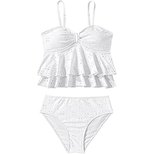 SHENHE Girl's 2 Piece Tankini Swimsuit Ruffle Flounce Bathing Suit Eyelet Embroidery Swimwear