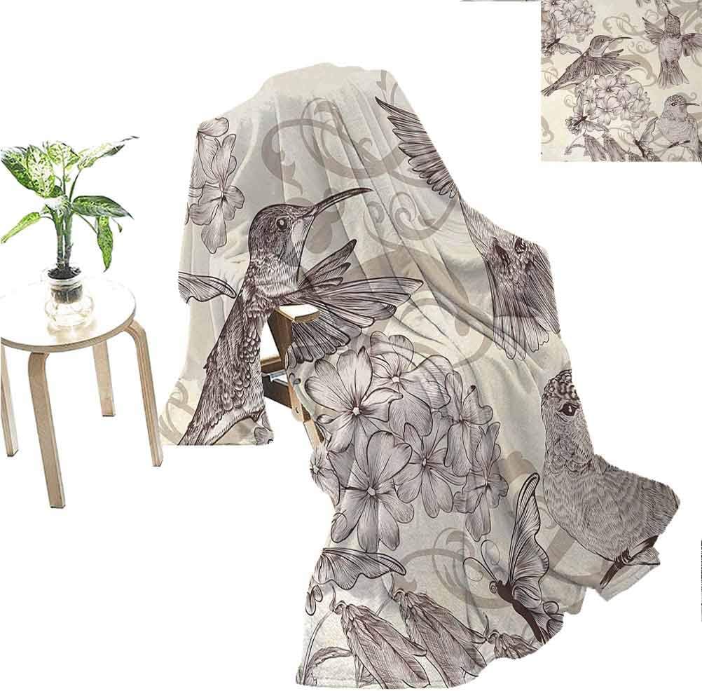 Mademai Hummingbirds Lightweight Blanket Birds and Flowers Monochromic Classical Design Nostalgia Ornate Festive Boyfriend Gifts Cream Beige Brown 60x36 Inch