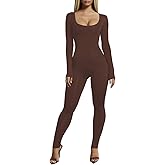 VWIWV Women's Sexy Long Sleeve Scoop Neck High Waist Bodycon Jumpsuits Solid Color One Piece Outfits