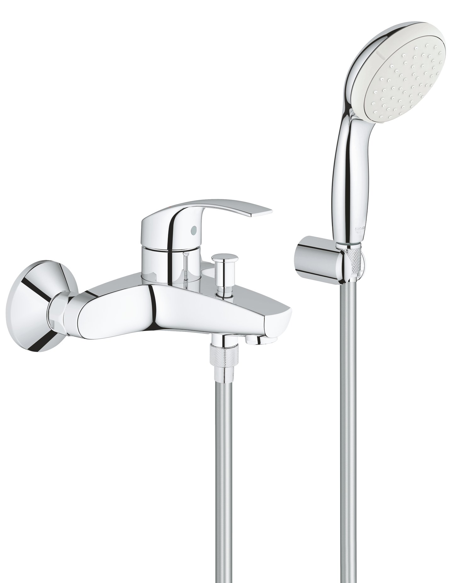 GROHE Eurosmart Single-Lever Bath Mixer, Wall Mounted Tap for The Bathtub with Hand Shower, Hose and Holder Chrome Finish 3330220A