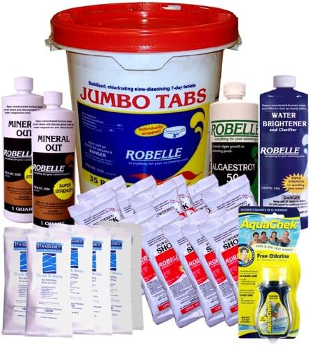 Robelle 3" Chlorine Tablets, Clarifier, Mineral Out, Algaecide, Shock, Clarifier Swimming Pool Chemical Kit For Pools Up To 20,000 Gallons