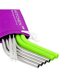 REGULAR SIZE Silicone Straws and Stainless Steel Straws Set - Reusable Straws for 30 oz Tumbler Yeti/Rtic - 6 Reusable Straws + 2 Brushes + 1 Purple Storage Pouch for Silicone and Metal Straws