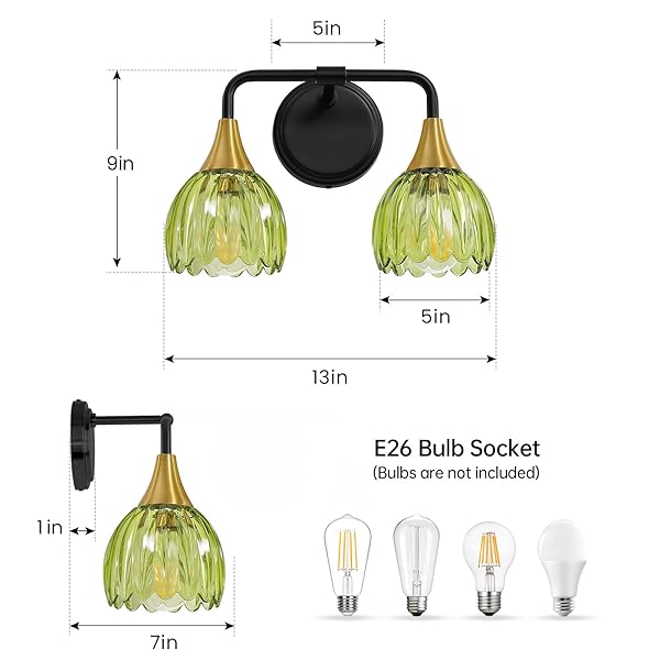 HAHZT BATHROOM VANITY LIGHT FIXTURES: 2-LIGHTS VINTAGE BATHROOM LIGHTS OVER MIRROR WITH RIBBED GREEN TULIP GLASS SHADE – 14 INCH BLACK AND GOLD WALL SCONCE BATH LIGHTING