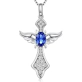 Jiahanzb Angel Wing Cross Necklace for Women 925 Sterling Silver Gemstone Pendant Birthstone Religious Jewelry for Mom,Chain 18inch