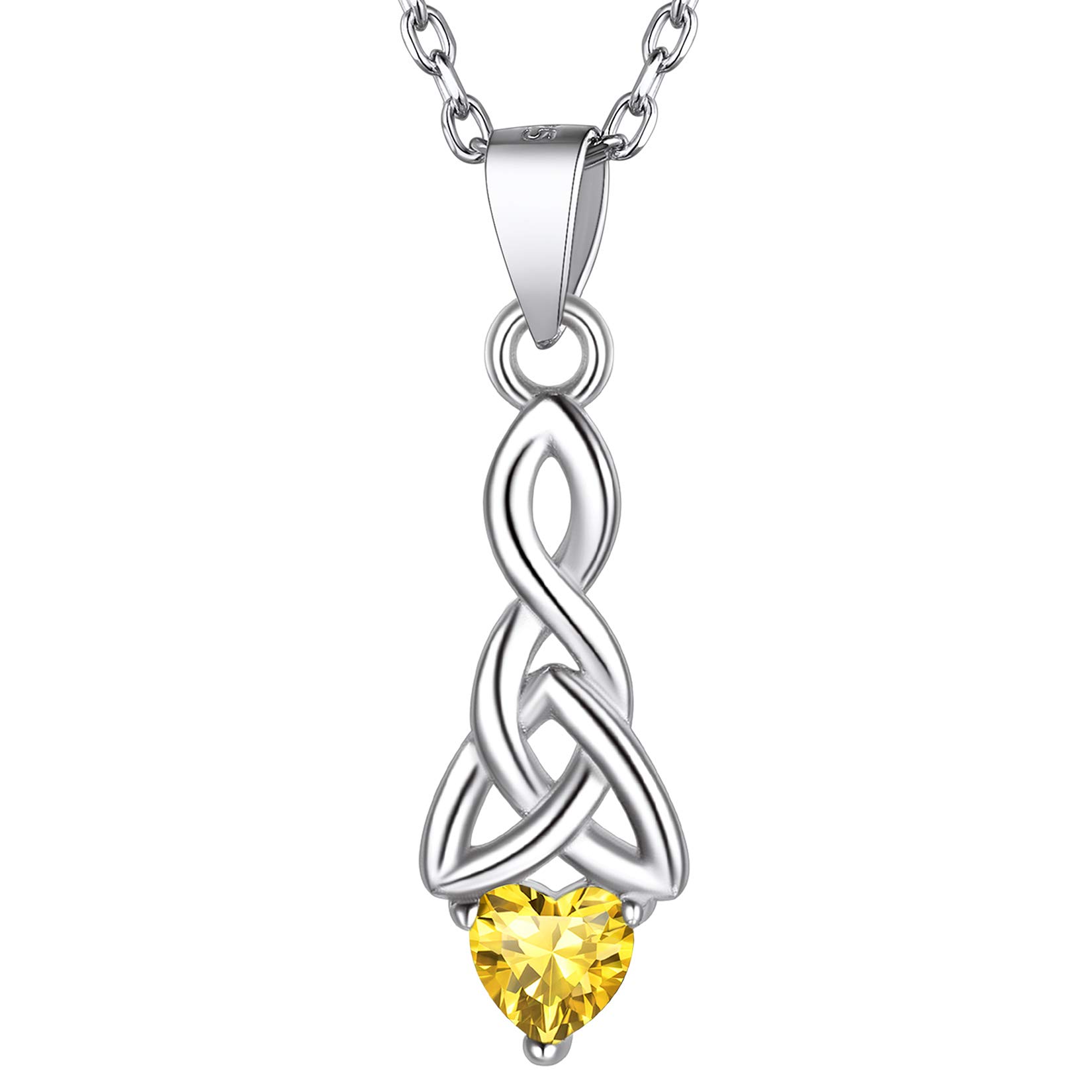 Suplight 925 Sterling Silver Good Luck Irish Celtic Knot Triangle Pendant Necklace, Citrine Birthstone Celtic Heart Knot Necklace for Women Teen Girls
