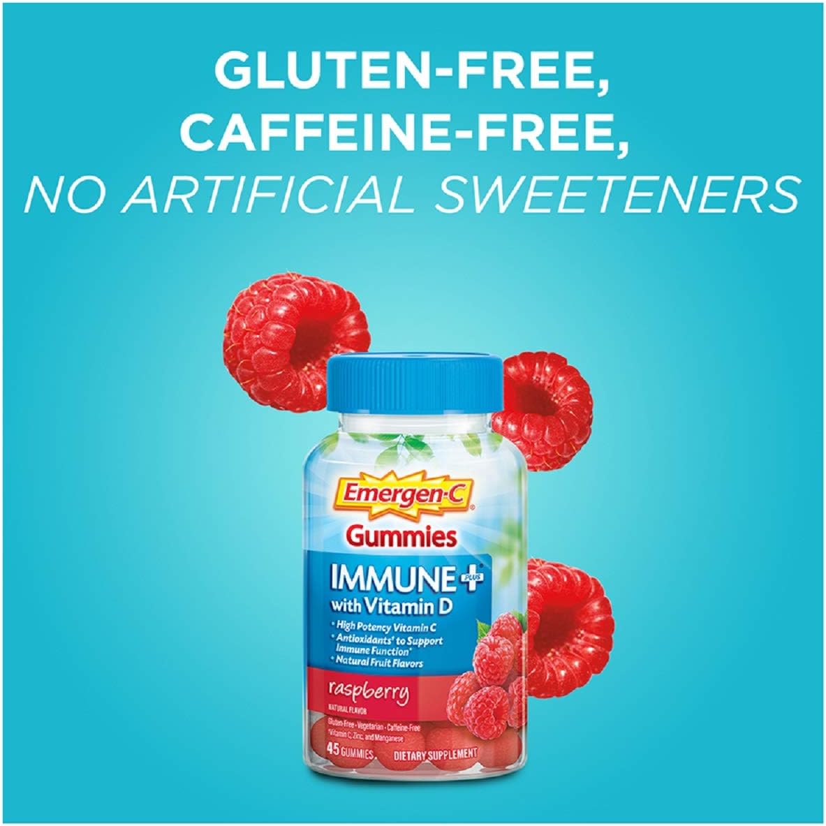 Emergen-C Immune+ Immune Gummies, Vitamin D Plus 750 mg Vitamin C, Immune Support Dietary Supplement, Caffeine Free, Gluten Free, Raspberry Flavor - 45 Count: Health & Personal Care