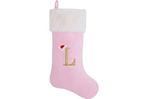 AUAWMLK 20-Inch Letter Embroidered Christmas Stocking Thick and Luxurious Pink Velvet with Super Soft Plush Cuff Personalized Festival Decoration for Xmas and New Year Party(Letter L)