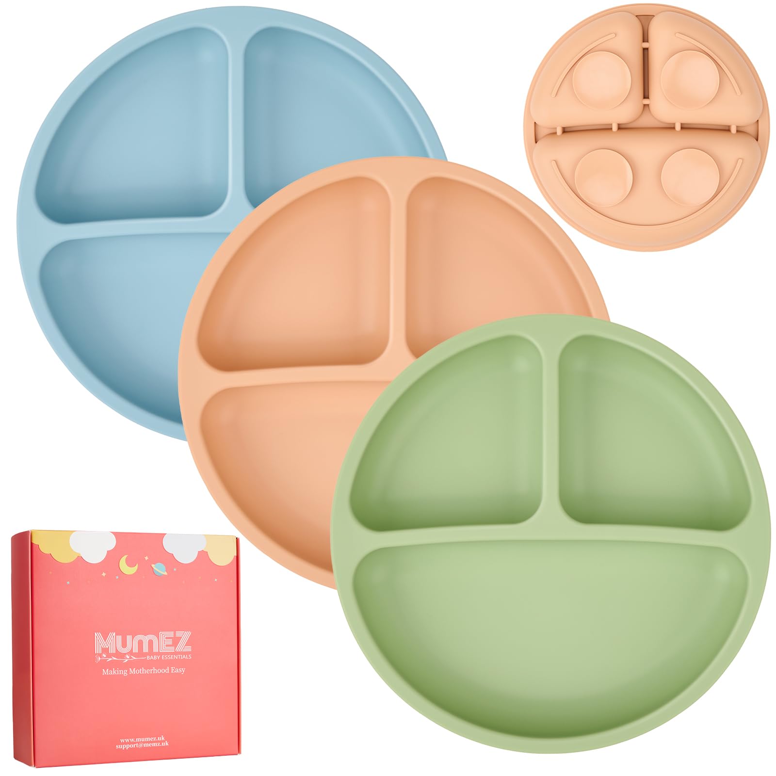MumEZ Baby Plates with Suction - 3 Pack Suction Plate Baby for Babies Weaning - Toddler Plates for High Chair - Unbreakable, Portable, Non Slip (Blue+Green+Nude)