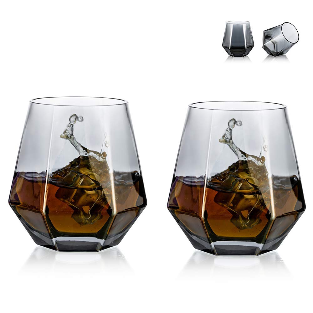 Diamond Whiskey Glasses Set of 2 Water Juice Tumbler Tilted Scotch Glass 300ml Whisky Glass Modern Look Glassware for Bourbon/Rum/Bar Tumbler