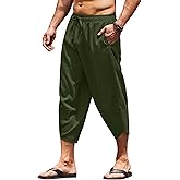 COOFANDY Men's Linen Harem Capri Pants Lightweight Loose 3/4 Shorts Drawstring Elastic Waist Casual Beach Boho Yoga Trousers