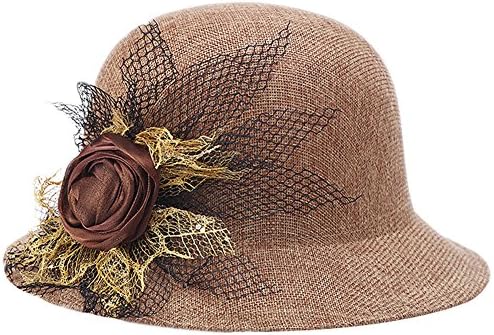 Womens Summer Linen Flax Flower Lace Cloche Sun UV Bucket Belt Boonie Top Hat