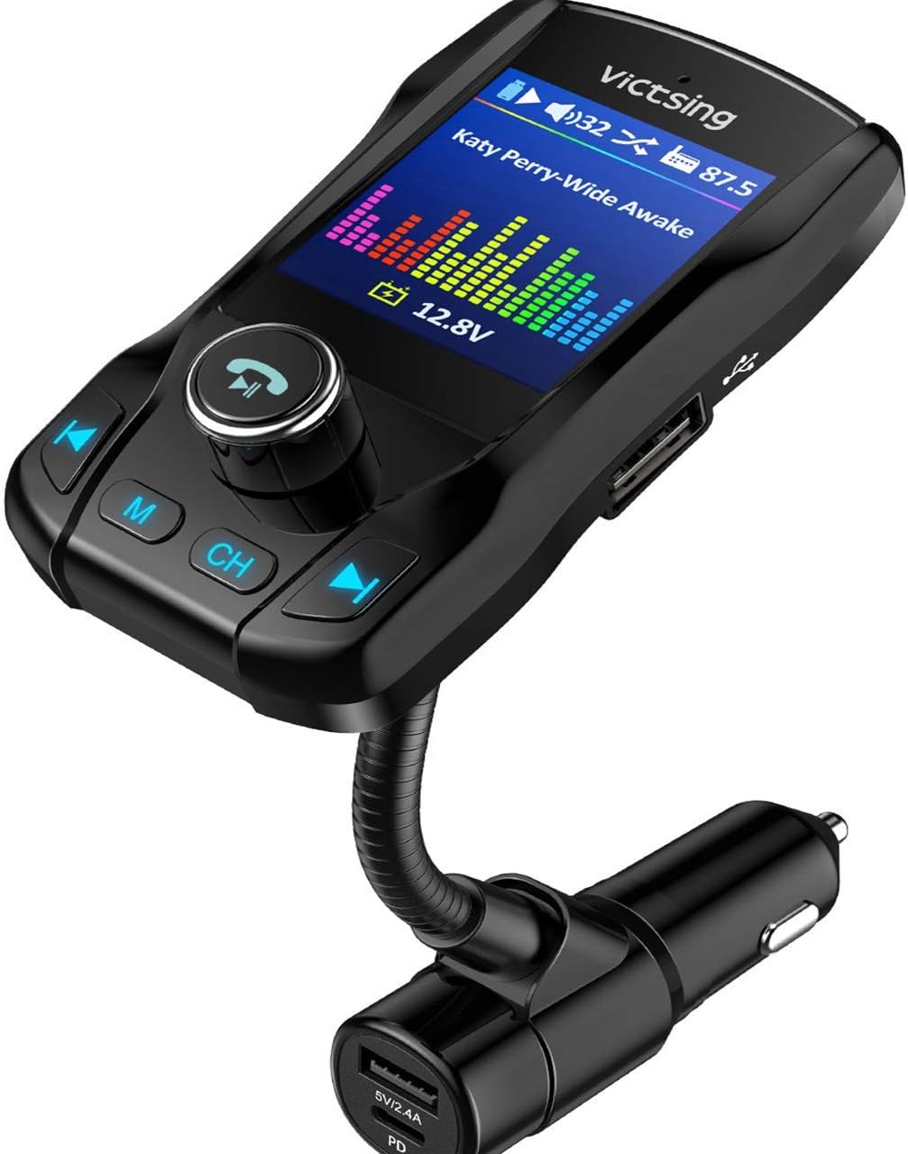 VicTsing [USB C PD&QC3.0] FM Transmitter for Car, 1.8" Color Display Bluetooth Transmitter, Wireless Radio Adapter with 3 USB Ports, Hands-Free Calls, Power Off, 5 EQ Modes, 4 Music Playing, Aux-In