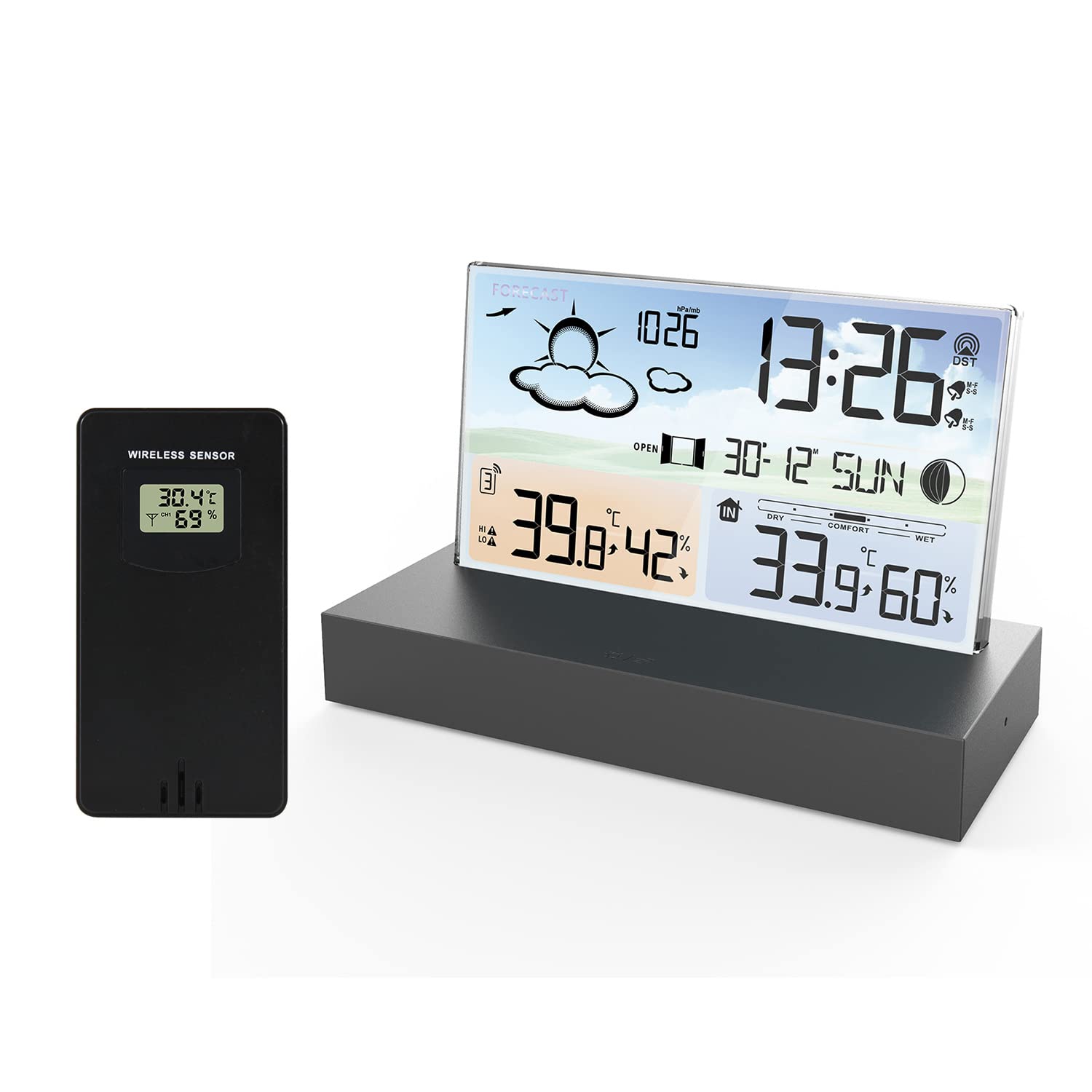 Weather Station with Outdoor Wireless Sensor, Indoor Outdoor Thermometer Digital Weather Station for Home- Lcd Digital Weather Stations with Alert and Temperature/Forecast/Alarm Clock/Date Time