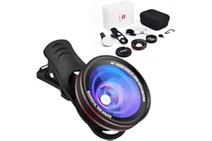 YADSUX 4K HD 0.45X Wide Angle Lens + 15X Macro Lens for iPhone Samsung - with Mini Selfie Ring Light, Quick Clip, Release Strap, Cleaning Cloth & Travel Case - Universal Phone Camera Lens Kit for Photography
