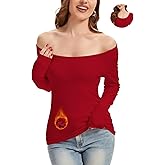 Womens 4-in-1 Off Shoulder Tops Long Sleeve Thermal Shirts Fall Winter Sexy Fleece Shirts Warm Base Layer Undershirts