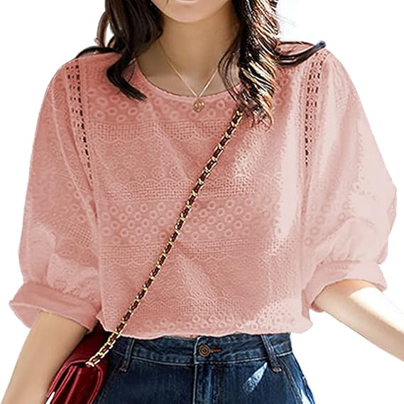 Amazon イノ Yino レース シャツ ブラウス レディース トップス 小花 刺繍 半袖 Uネック 透かし編み 着痩せ 可愛い おしゃれ ボリュームスリーブ 女性らしい カジュアル 通勤 デート お出かけ シャツ ブラウス 通販