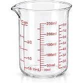 Ackers Borosilicate Glass Measuring Cup with Spout, 250 ml, 8 oz/1 Cup | Handle-free beaker shape with printed cup, oz and ml scales for cooking, baking and small-batch drink preparation
