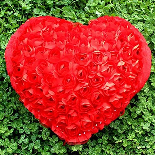 Woopower Heart-Shape Pillow, Exquisite Satin Roses Sofa Cushion with Pillow Inserts-Valentine's Day Wedding Gift Plush Cushion Party Home Decoration (S:27 * 25cm,Red)