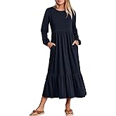 KLWCJFFF Women's Casual Long Sleeve Midi Dress 2024 Fall Crewneck A Line Tiered Flowy Loose Trendy Dresses with Pockets