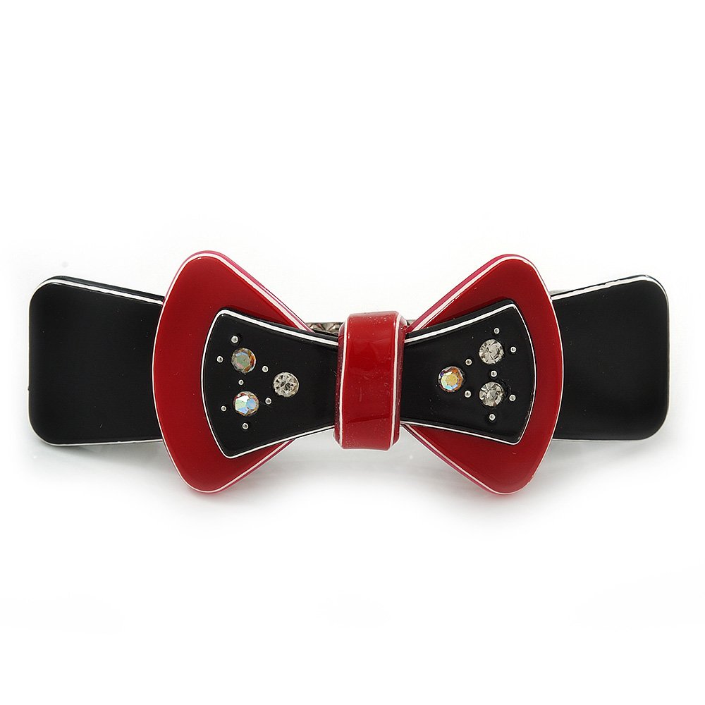 Black/Red Acrylic Crystal Bow Barrette Hair Clip Grip - 80mm Across