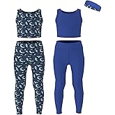 Essenclo Girls Athletic Leggings Yoga Pants w/Sleeveless Crop Tank Tops for Kids Workout Cheer Dance Run Sizes 3-16, 5pc Set
