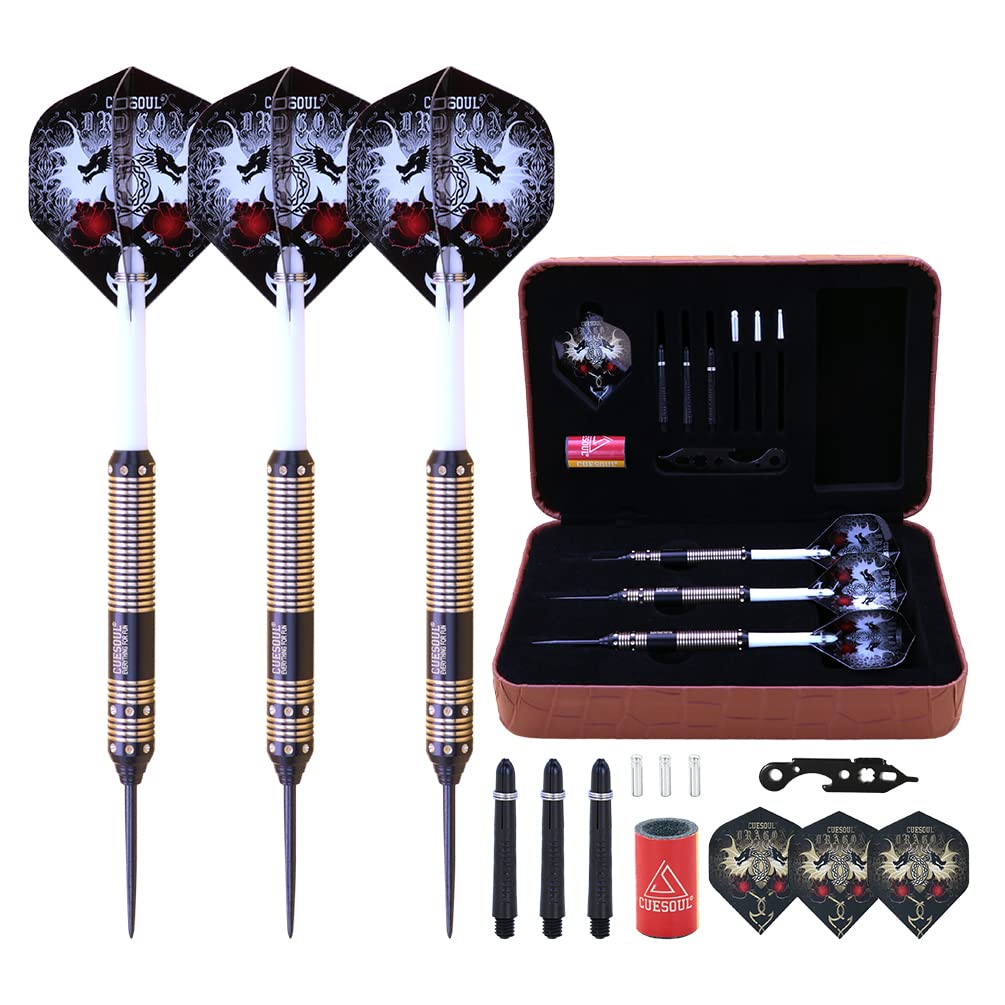 CUESOUL Dragon Series 23 Grams Professional Steel Tip Darts Set Brass Barrels Shockproof Deluxe PU Carry Case Nylon Shafts Well Balanced (JL-SL-J2108L)