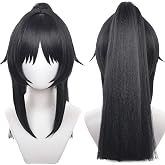 maysuwell Anime Black High Ponytail Cosplay Wig Halloween Party Costume | Straight Black wig Universal design for Game Anime Role Heat Resistant Fiber Wig Breathable Rose Mesh Inner Free Cap