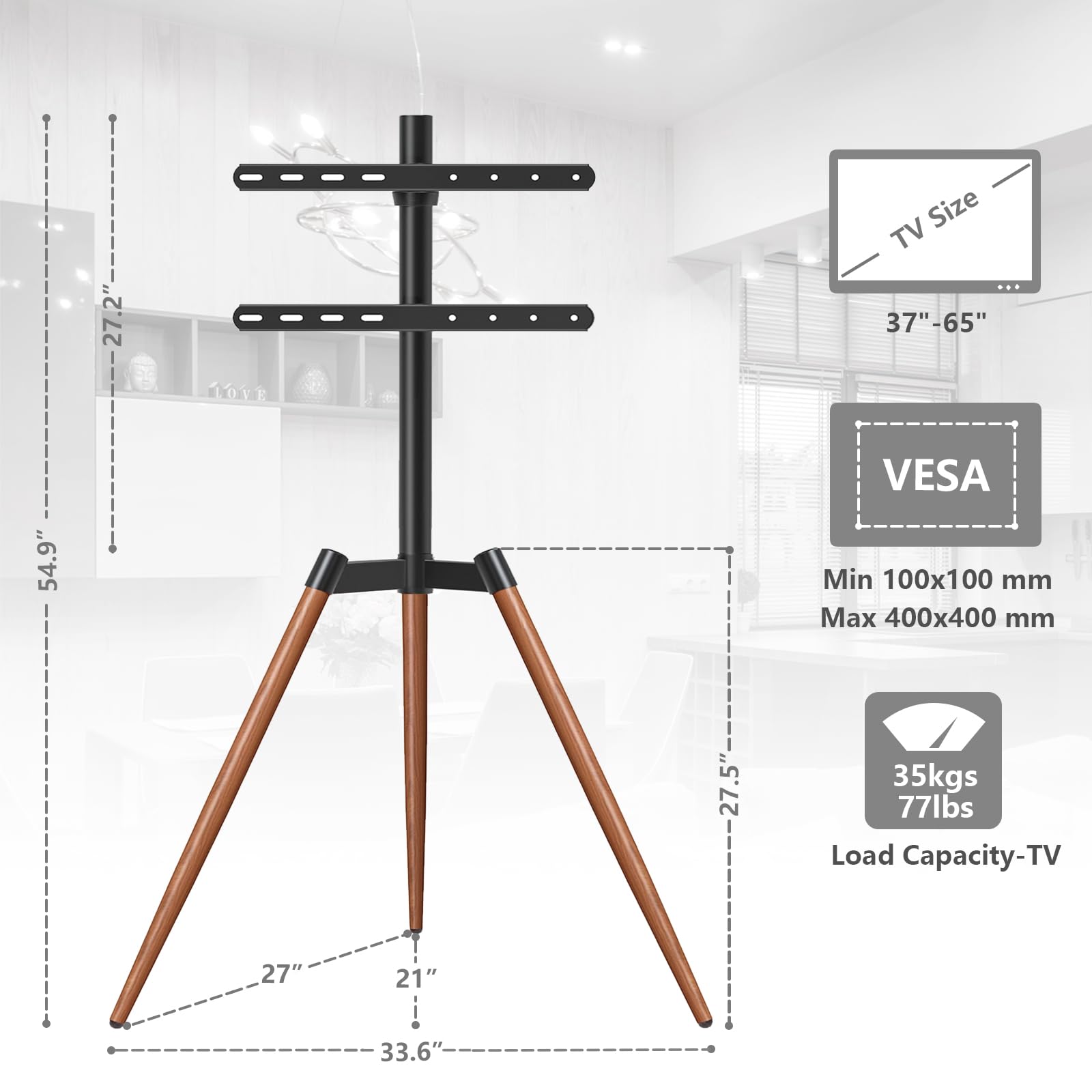 TVON Easel TV Stand with Tripod Base for 37–65 Inch Flat/Curved Screen TVs up to 77 lbs, Height Adjustable TV Floor Stand with Cable Ties and 100° Swivel for Bedroom, Living Room, Studio, Brown