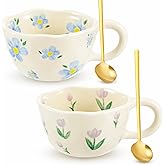 Vesici 2 Pcs Ceramic Coffee Mugs Flower Cups with Spoon Vintage Floral Mugs with Handle 8.5 oz Aesthetic Tea Porcelain Cup Gift for Valentine Office Home, Dishwasher and Microwave Safe(Vibrant)