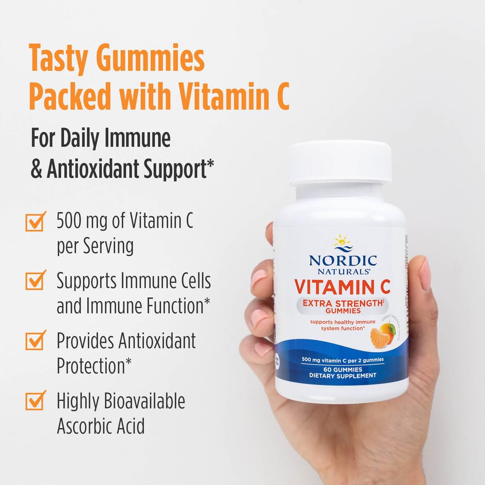 Nordic Naturals Vitamin C Extra Strength Gummies - Tangerine Flavor - 60 Gummies - 500 mg Vegan Vitamin C Supplement - Low-Sugar Immune - Support - 30 Servings