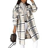 PUWEI Women's Long Flannel Plaid Jacket Shacket Cozy Lapel Button Down Shirt Jacket Fuzzy Trench Coat