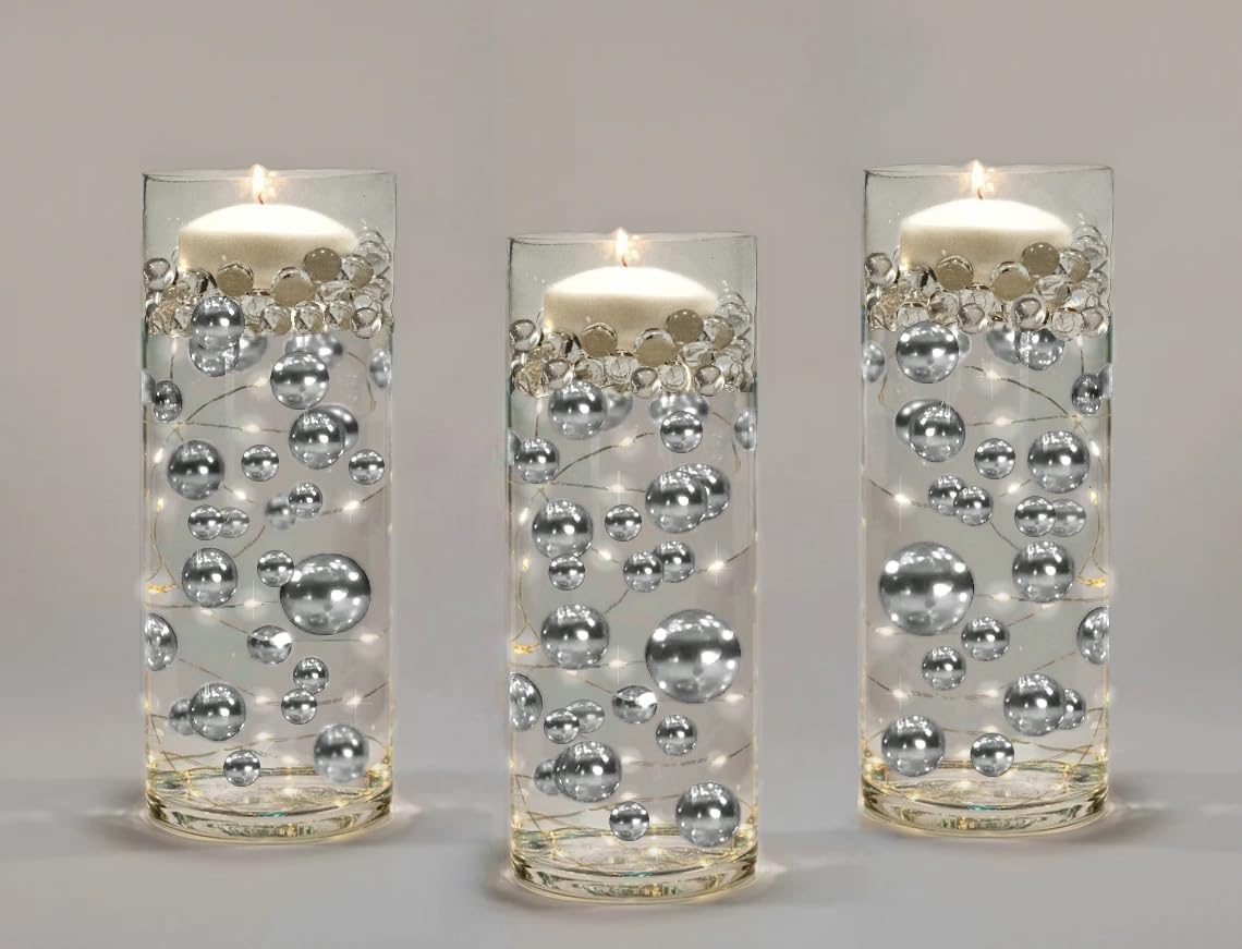 Vase Fillers - Floating Silver Pearls - Fills 1 GL - Shiny Jumbo Sizes + Must Have Transparent Gels Kit for The Floating Effect - Fascinating Centerpiece Vase Decorations