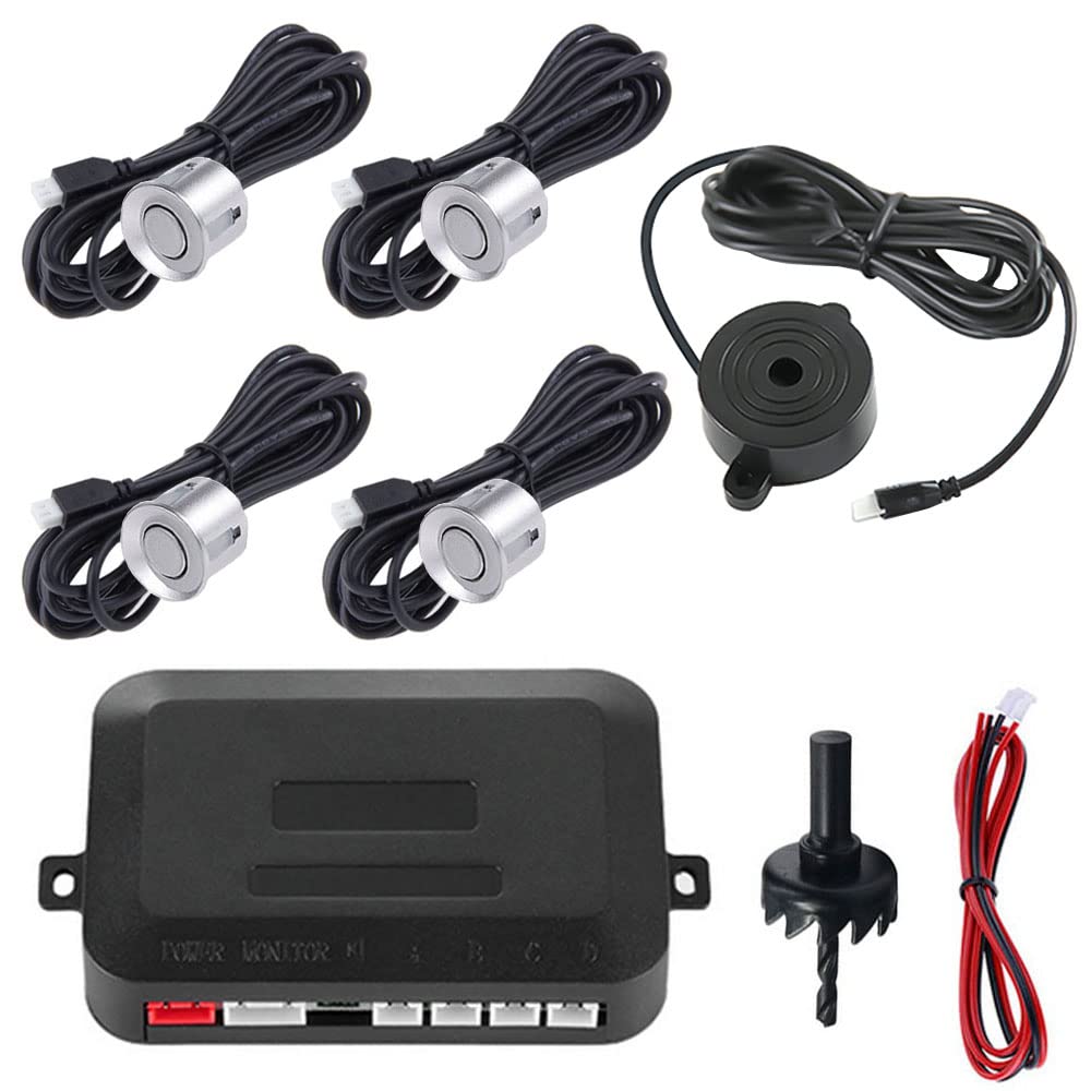 MOCNT Car Reverse Parking Sensors Car Rear Reverse Parking Radar System Car Parking Sensor Kit 4 Rear Sensor Auto Sound Alarm Alert Reverse Backup Radar Silver