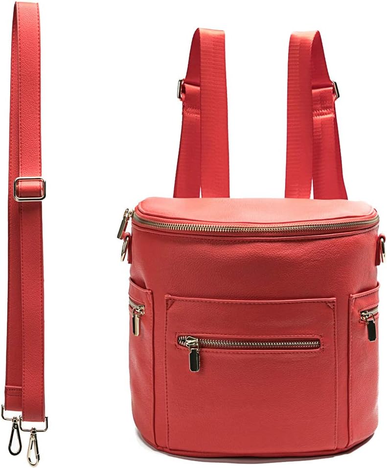 Leather Diaper Bag Backpack Purse by miss fong, Mini Backpack for mom with In bag organizer, Insulated Pocket and Shoulder Strap(Red)