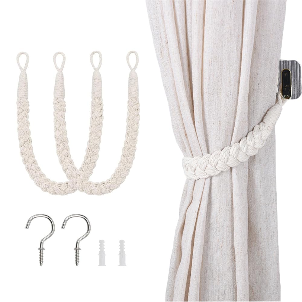 2 Pcs Curtain Tiebacks - Decorative Window Drape Tie Curtain Swag Holder Strap - Woven Rope Curtain Holdbacks Weave Side Rope Metal Hook - for Home Bedroom Office Kitchen(Beige)