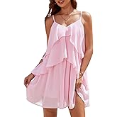 DRESSTELLS Women's Cocktail Dresses for Homecoming, Modest Formal Wedding Guest Bridesmaid Party V Neck Ruffle Tiered Flowy Swing Mini Dress Pink XL